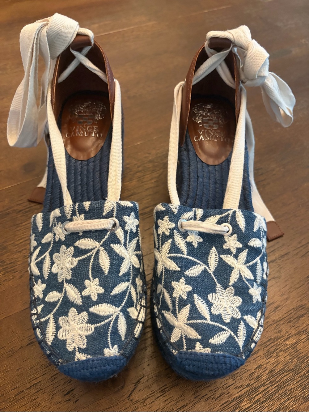 Vince Camuto Blue Embroidered Espadrille Tie-Back Wedges